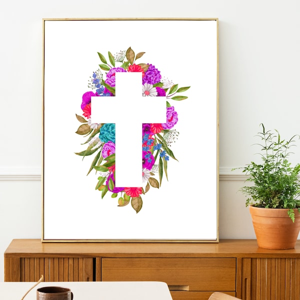 Floral Cross Printable Wall Art, Easter Cross, Religious Art, Watercolor Floral, Christian Decor, Gift For Christian, Lent Decor, Spring Art