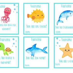 Printable Sea Life Valentine&#39;s Day Cards for Kids, Instant Download, Printable Sea Life Animals Valentine&#39;s Day Cards