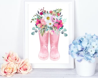 Watercolor Spring Rain Boots with Flowers, Instant Download, Spring wall art, farmhouse decor, Nursery Art, Pink Rainboots