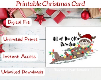 Printable Otter Christmas Card, Christmas Greeting, Digital Card, Christmas Lights Card, Holiday Card, X&#39;mas Notecard, Funny Xmas Card
