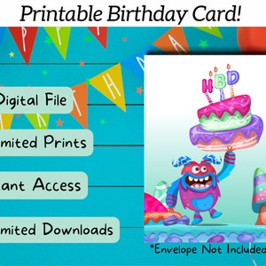 Printable Monster Birthday Card, Kids Birthday Card, Funny Birthday Card, Boys Birthday Card, Childs Birthday Card, Monster Theme Card, 7x5