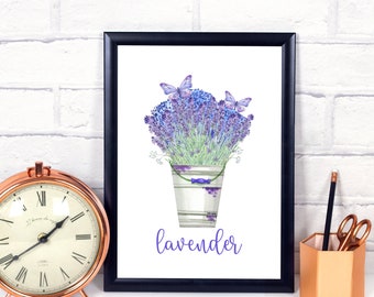 Welcome Spring , Watercolor Lavender, Printable Art, Instant Download, Lavender Herb Bucket, Floral Wall Art