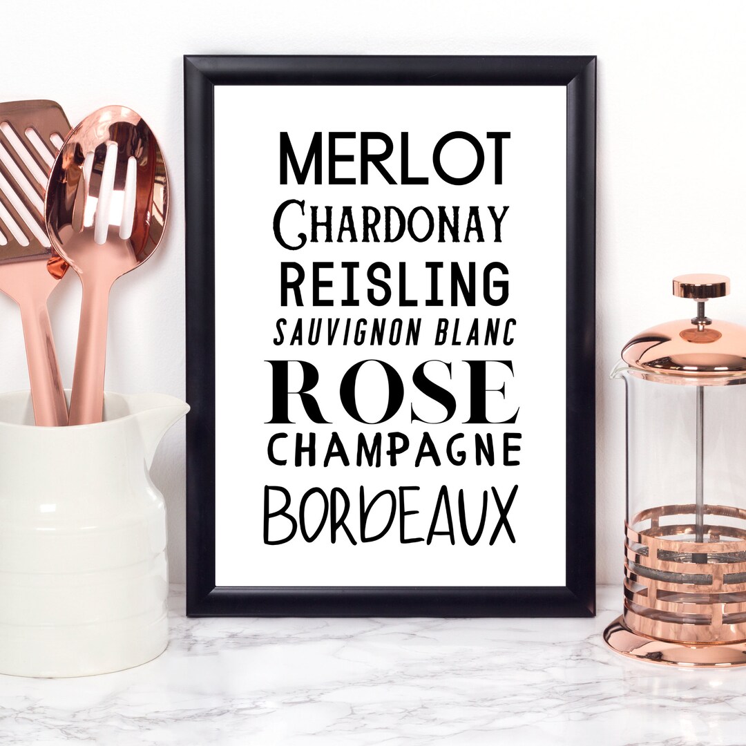 Wine List Printable Kitchen Wall Art, Above Bar Cart Decor, Bar Wall