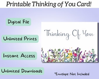 Printable Floral Thinking of You Card, Greeting Card, Flower Card, Printable Notecard, Miss You Card, Sympathy Card, Digital Card, 7x5 Card