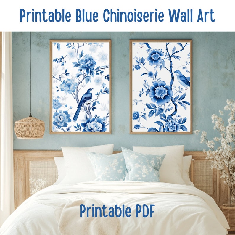 Elegant Blue Chinoiserie Printable Wall Art Set - Etsy
