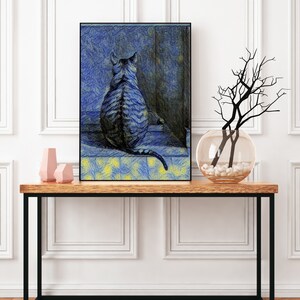 Van Gogh&#39;s Sterrennacht Kat afdrukbare muurkunst, kattenkunstwerk, Van Gogh schilderij, schattig wanddecor, dierenprintables, kattenmuurdecor, vintage