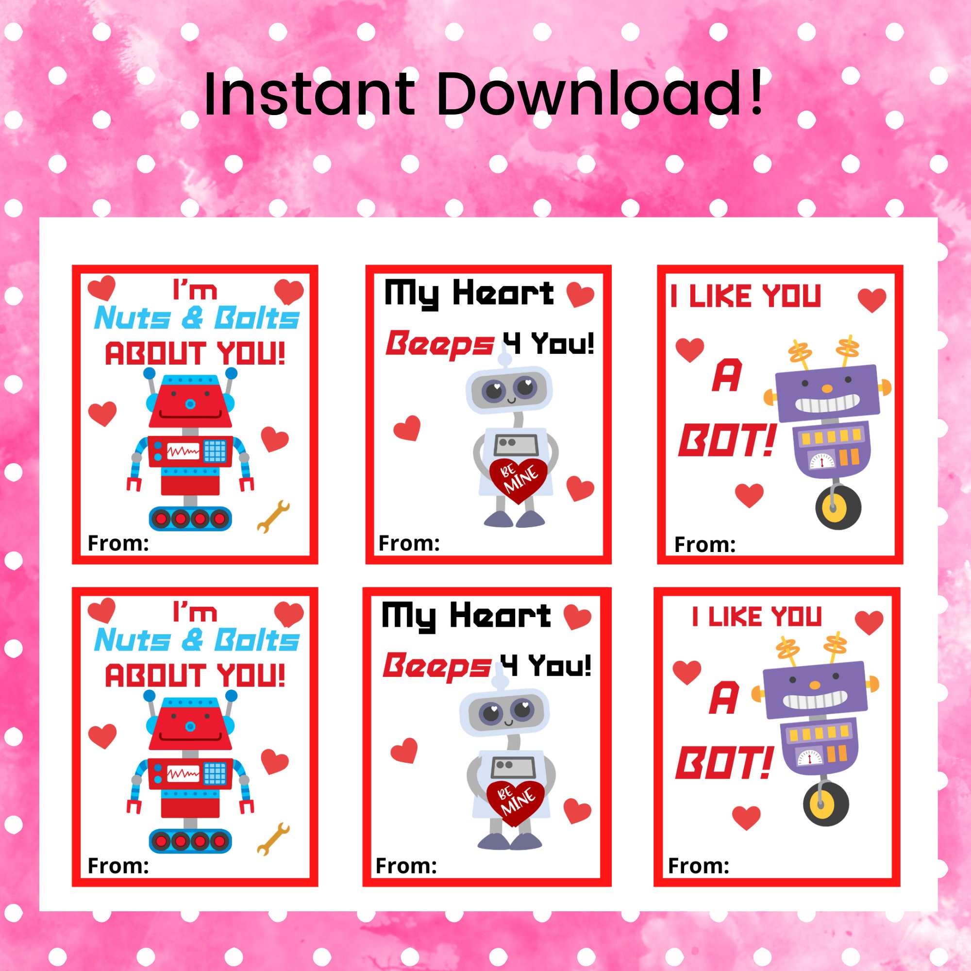 Robot Printable Valentine's Day Cards for Kids, Instant Download, DIY ...