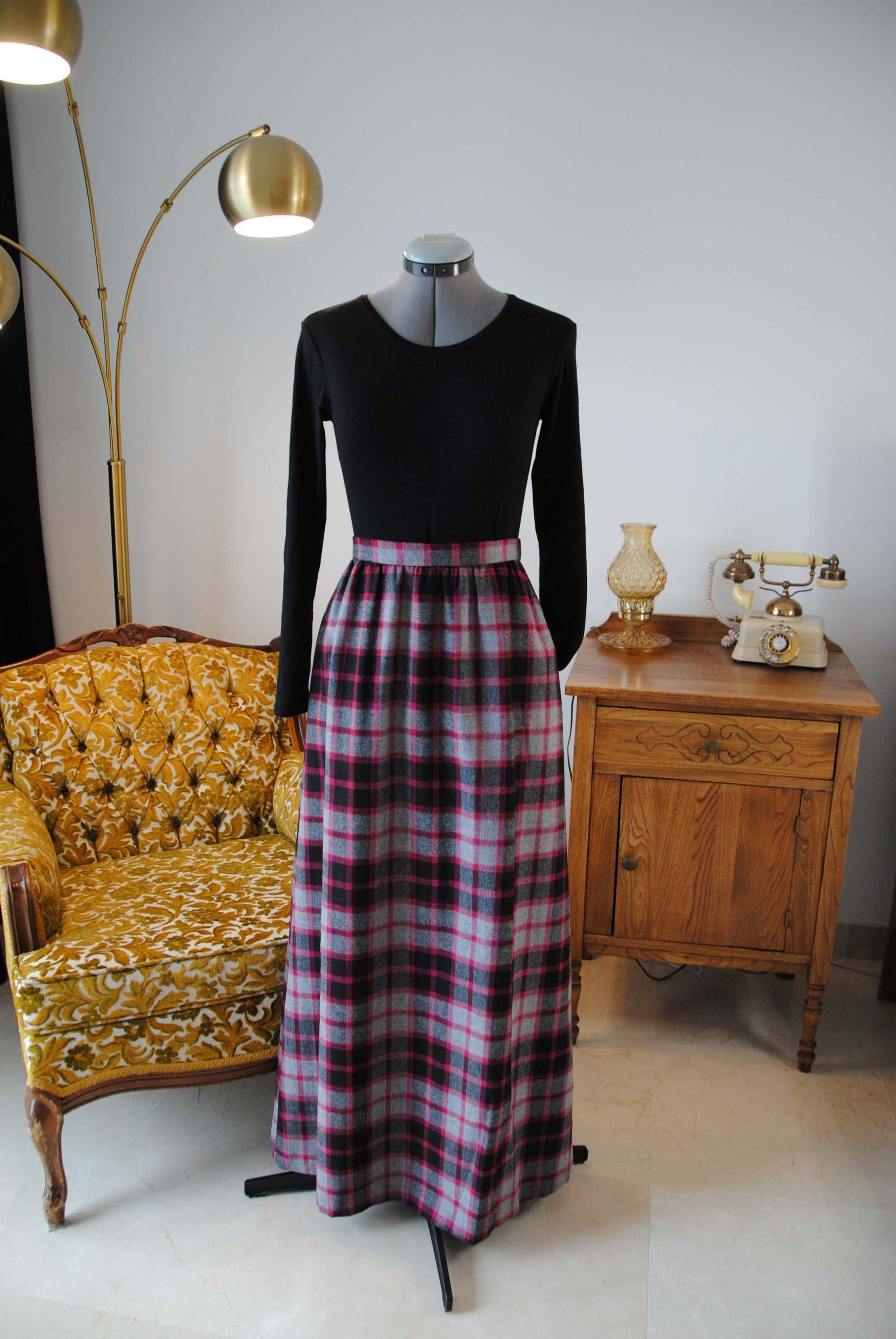 Grey Black Red and Purple Plaid Maxi Wool A line Skirt With