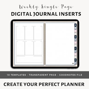 May include: A digital planner template for Goodnotes, featuring a weekly single page layout with a grid for daily notes and a blank space for additional notes. The template is displayed on a tablet screen with a black frame and a white background.