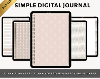Diario digital sencillo con diseño boho ruborizado, agenda y cuaderno digitales en blanco, diario con viñetas de puntos e hipervínculos, pegatinas