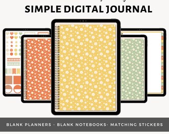 Diario digital sencillo de primavera boho, agenda y cuaderno digitales en blanco, diario con hipervínculos y viñetas de puntos, pegatinas