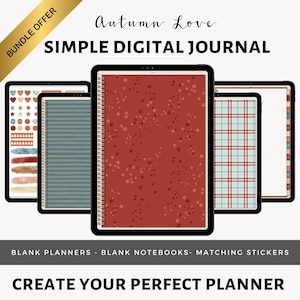 Könnte beinhalten: Ein digitales Journal-Paket mit dem Text "Autumn Love Simple Digital Journal" oben. Das Paket enthält drei leere Planer, einen mit rotem Hintergrund und weißen Punkten, einen mit blau-weißem Streifenmuster und einen mit blau-rotem Karomuster. Das Paket enthält außerdem eine Blatt mit Aufklebern mit verschiedenen Herbstmotiven.