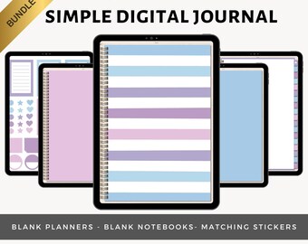 Diario digital sencillo y encantado, agenda y cuaderno digitales en blanco, diario con viñetas de puntos e hipervínculos, pegatinas a juego