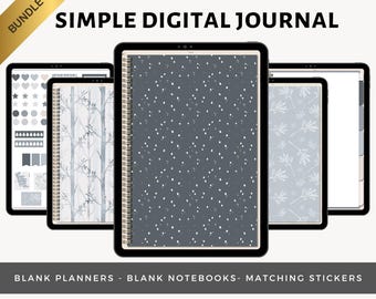 Bosques de invierno / Paquete de diario digital simple / Agenda y cuaderno digital en blanco / Diario de viñetas con hipervínculos y puntos / Pegatinas