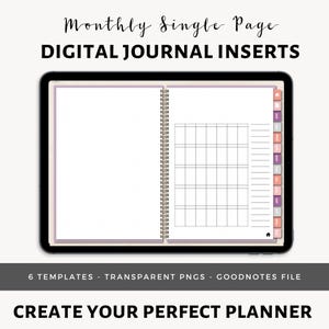 May include: A digital planner template for a monthly calendar with a grid layout. The template is designed for use with Goodnotes and includes 6 different designs. The template is displayed on a tablet screen.