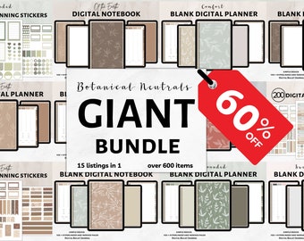 Botanical Neutrals GIANT Digital Planning Bundle; Blank digital planner; digital planning stickers; digital notebook; Digital planning kit