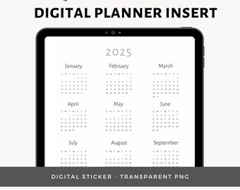 Calendario anual 2025, planificador digital, inserto, PNG transparente, pegatina digital