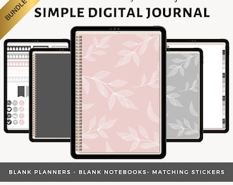 Dulce simplicidad / Paquete de diario digital simple / Agenda y cuaderno digital en blanco / Diario de viñetas con hipervínculos y puntos / Pegatinas