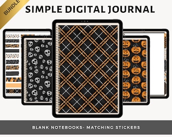 Paquete de diario digital simple para Halloween, agenda y cuaderno digital en blanco, hipervínculos, diario de viñetas con puntos y pegatinas a juego