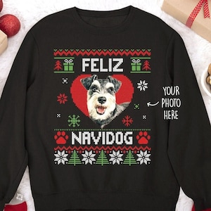 FELIZ NAVIDOG Personalised Christmas sweater | Mens womens kids girls boys black ugly cute sweatershirt jumper | Add face photo of dog dogs