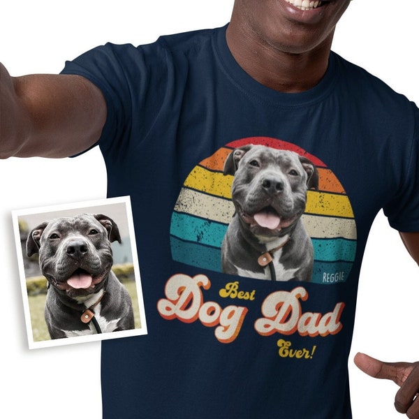 Best Dog Dad Ever t shirt. Personalised custom dog photo picture retro vintage black navy blue tshirt tee. Birthday gift from dog dogs UK US