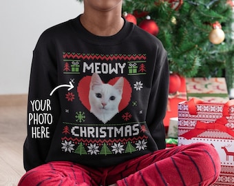 MEOWY CHRISTMAS CAT black red cutomised photo sweater jumper sweatshirt | For women men boys girls | Add picture face image of your cat cats