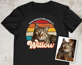 Personalised this human belongs to t shirt tshirt t-shirt tee. Add custom dog cat rabbit pets face photo picture. Gift present for pet owner