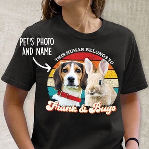 THIS HUMAN BELONGS to pet name and photo. Fun personalised retro black tshirt tee shirt. Dog cat rabbit guinea pig gift to human owner Uk Us