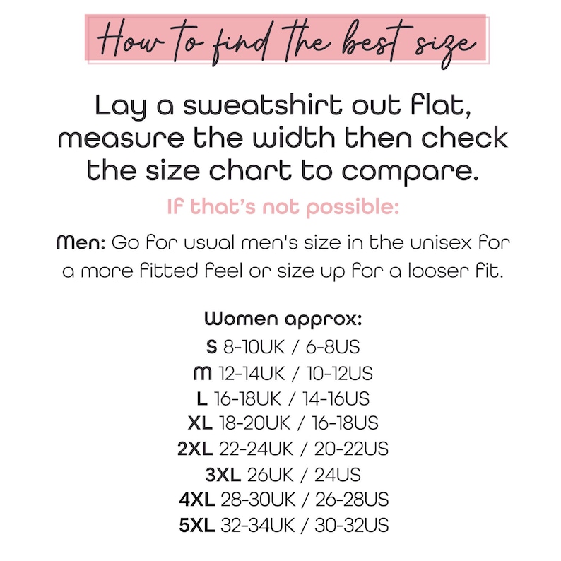 May include: A size guide chart for sweatshirts with the text How to find the best size, instructions to lay a sweatshirt flat and measure width, and a list of sizes from S to 5XL with corresponding UK and US size conversions for women.