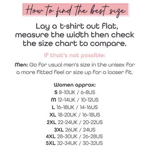 May include: A size guide chart with black text on a white background. It instructs to lay a t-shirt flat and measure the width. It provides sizing advice for men and a list of women's sizes from S to 5XL, comparing UK and US size ranges for each.