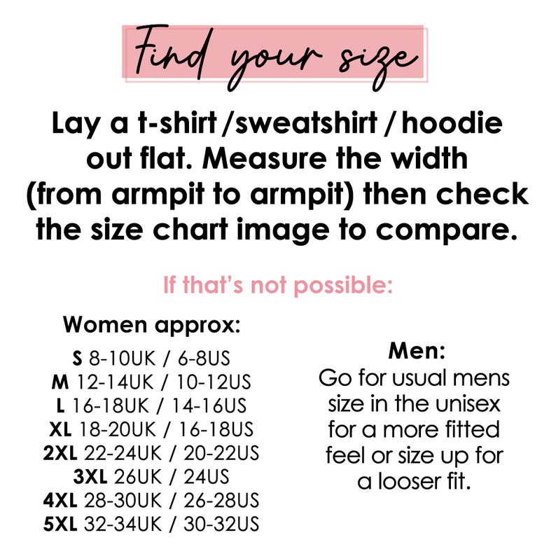 Puede incluir: Una tabla de tallas con instrucciones sobre c&oacute;mo medir una camiseta, sudadera o sudadera con capucha. La tabla incluye informaci&oacute;n sobre tallas de mujer y hombre, con conversiones de tallas del Reino Unido y EE. UU. El texto "Find your size" est&aacute; en la parte superior.