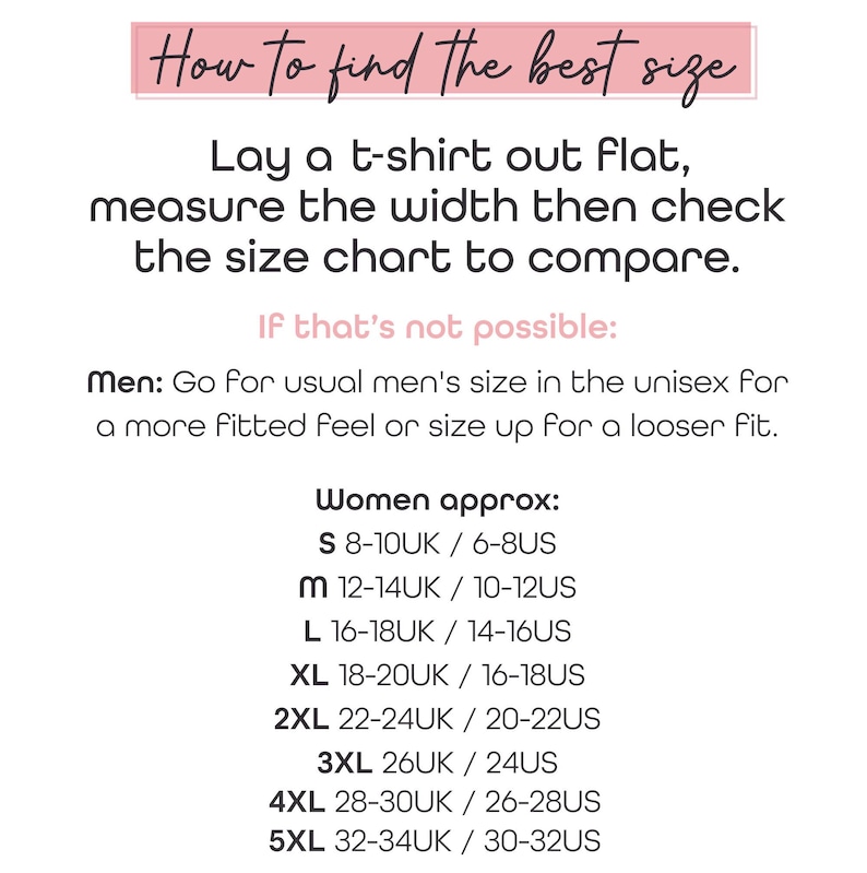 May include: A size guide chart with black text on a white background. It instructs to lay a t-shirt flat and measure the width. It provides sizing advice for men and a list of women's sizes from S to 5XL, comparing UK and US size ranges for each.