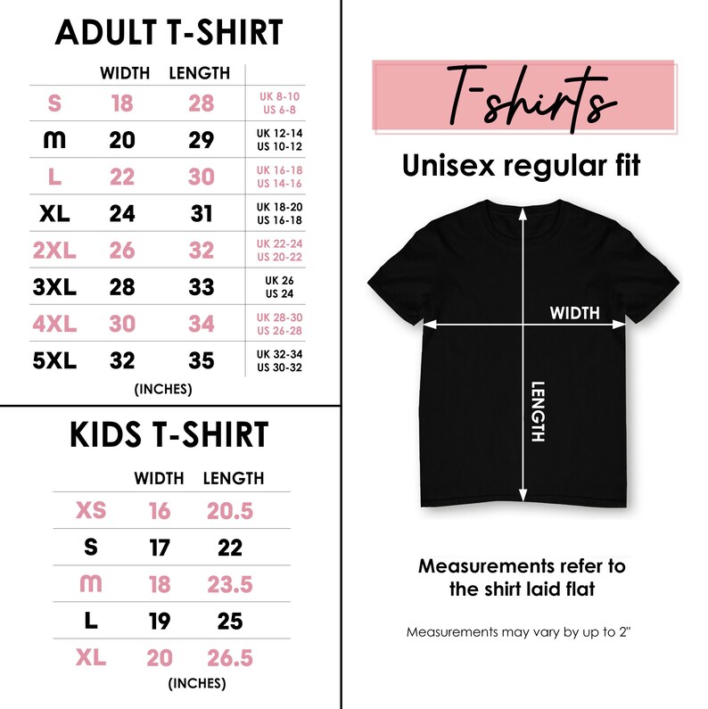 Puede incluir: Una camiseta negra unisex de corte regular con medidas de ancho y largo en pulgadas. La imagen incluye una tabla de tallas para camisetas de adulto y ni&ntilde;o, que van desde la XS hasta la 5XL. Las medidas pueden variar hasta 5 cm.