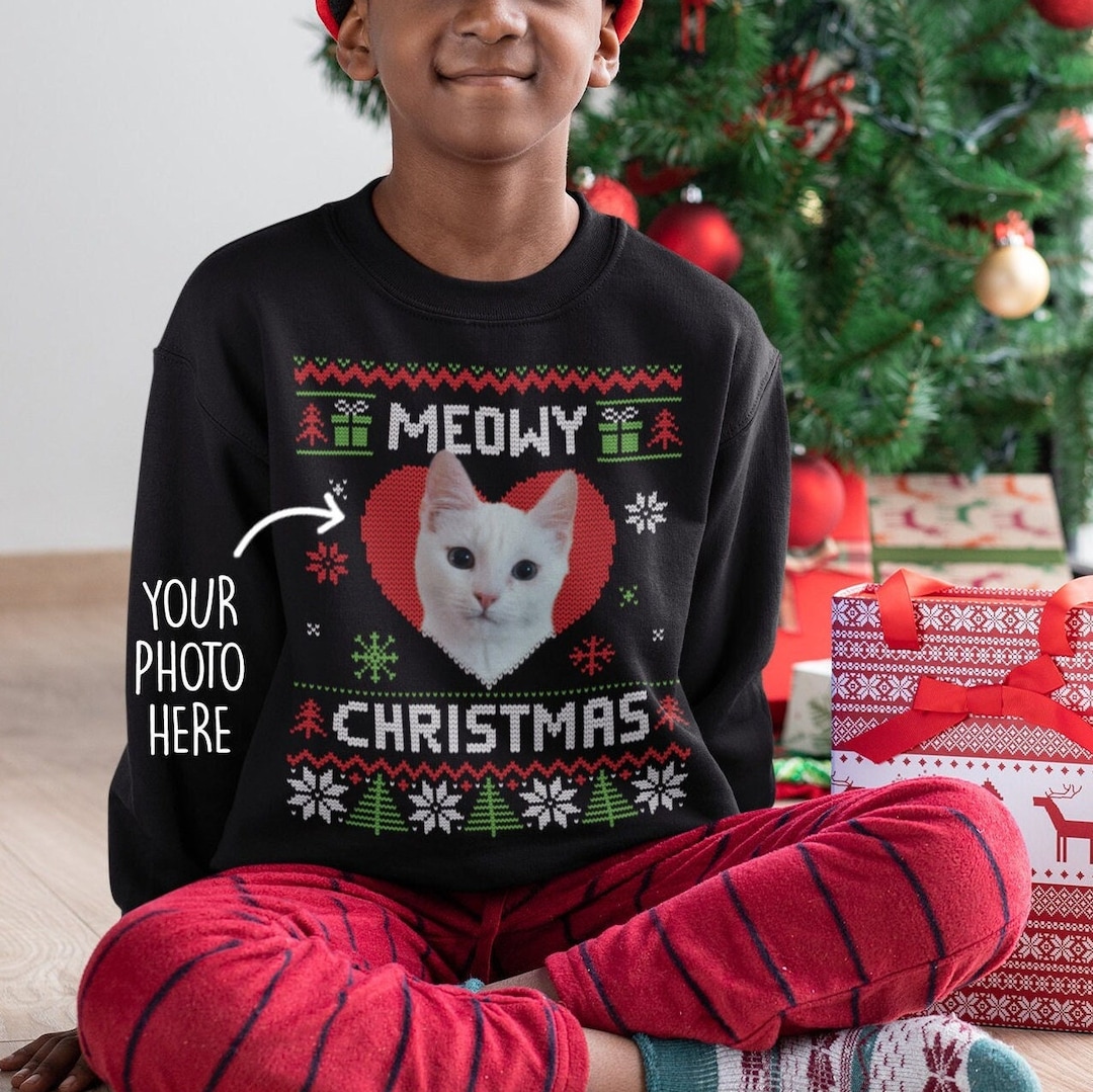 MEOWY CHRISTMAS CAT Black Red Cutomised Photo Sweater Jumper