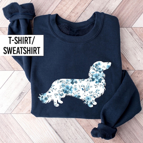 Long Haired Dachshund Floral Toile De Jouy Sweatshirt / T Shirt. Long Hair Sausage Dog Wiener Weener Weenie Dog White Blue Black Navy UK US