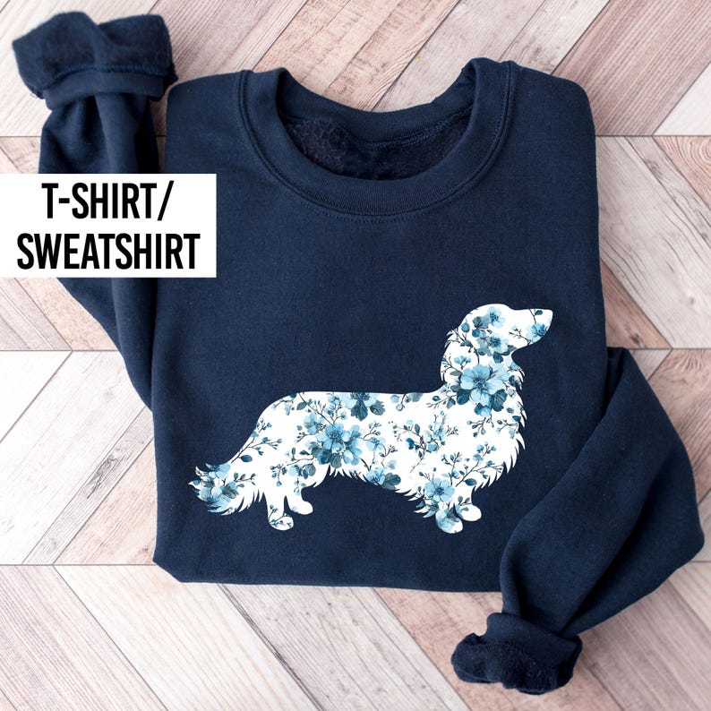 Long Haired Dachshund Floral Toile De Jouy Sweatshirt. Makes a great gift for a Dachshund Mum.