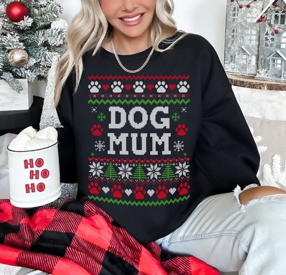 Pull de Noel moche pour chien maman. Pull a col rond pour femme mignon et amusant sur le theme des chiens noir rouge confortable et confortable. Taille plus UK Etsy France