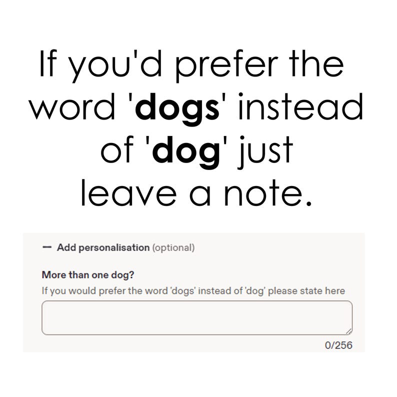 May include: A digital interface element for personalization featuring the text: If you'd prefer the word 'dogs' instead of 'dog' just leave a note. Below is a text input box labeled: Add personalisation (optional) More than one dog?