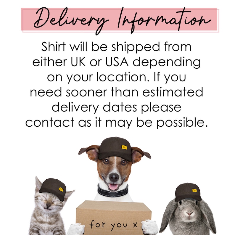 May include: A brown dog, a grey cat, and a grey rabbit, each wearing a brown baseball cap with a small yellow envelope icon. The dog holds a brown cardboard box with the handwritten text 'for you x' on the front, and wears a black collar.