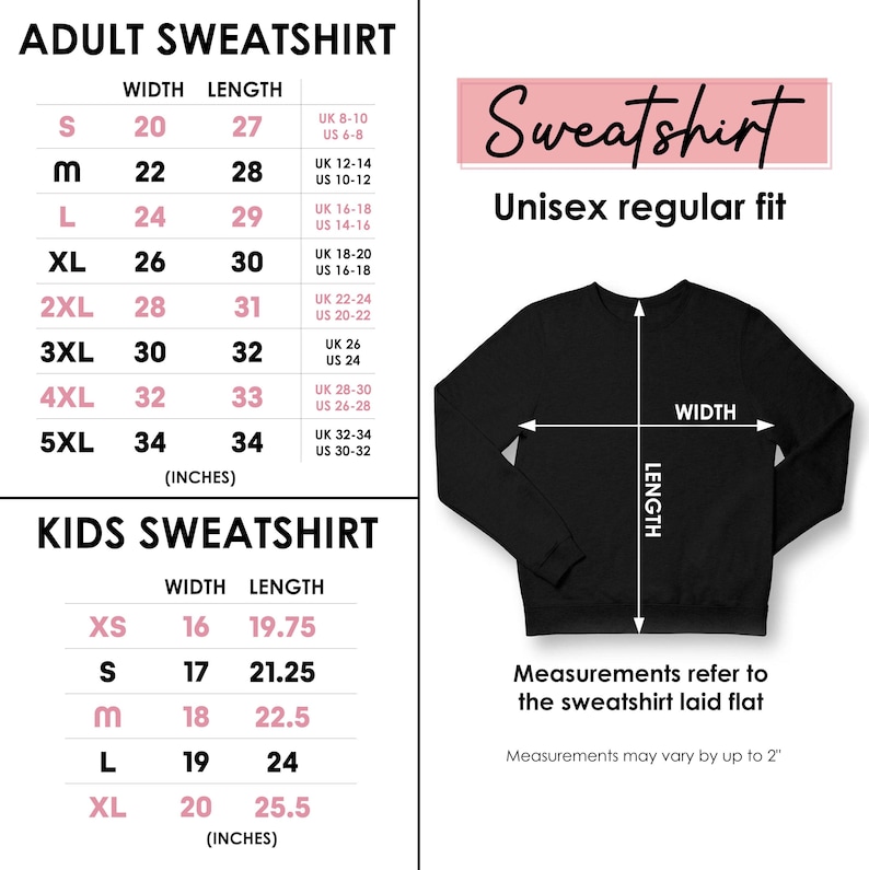 Puede incluir: Sudadera negra unisex de corte regular con tabla de tallas. Las tallas de adulto van de la S (51 cm de ancho, 69 cm de largo) a la 5XL (86 cm de ancho, 86 cm de largo). Las tallas de ni&ntilde;o van de la XS (41 cm de ancho, 50 cm de largo) a la XL (51 cm de ancho, 65 cm de largo).
