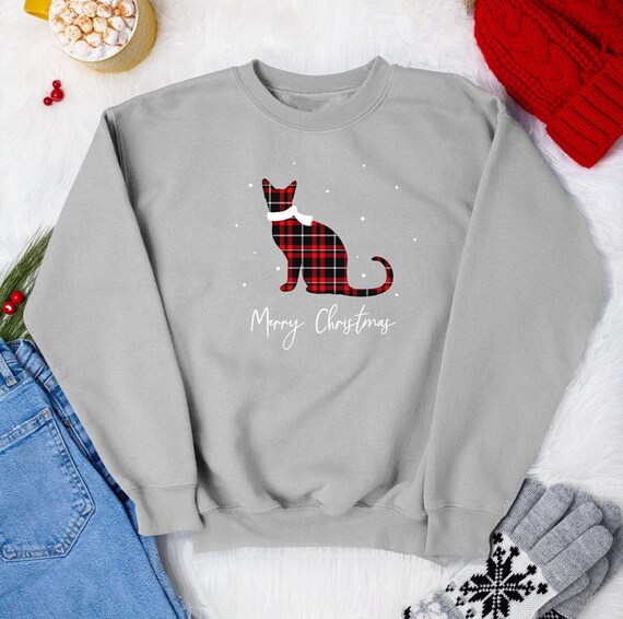 Pull de Noel chat. Sweat shirt des Fetes sur le theme des chats. Pull chat pour femme et homme. Conception simple de silhouette a carreaux rouge noir. Gris vert bleu UK Etsy