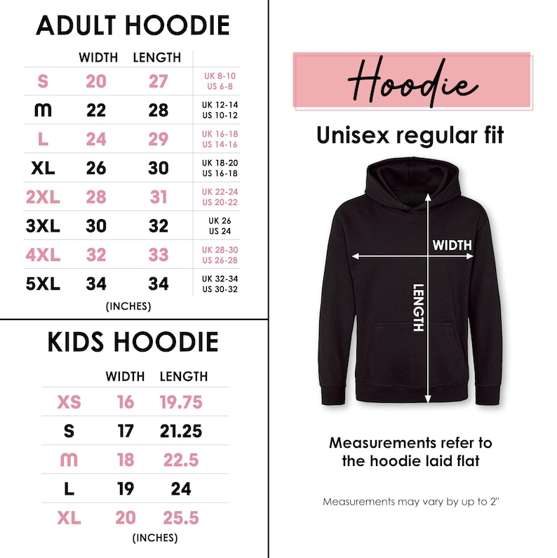 Puede incluir: Sudadera con capucha negra con tabla de tallas para adultos y ni&ntilde;os. La tabla muestra las medidas de ancho y largo en pulgadas para las tallas S a 5XL para adultos y XS a XL para ni&ntilde;os. Corte unisex regular.