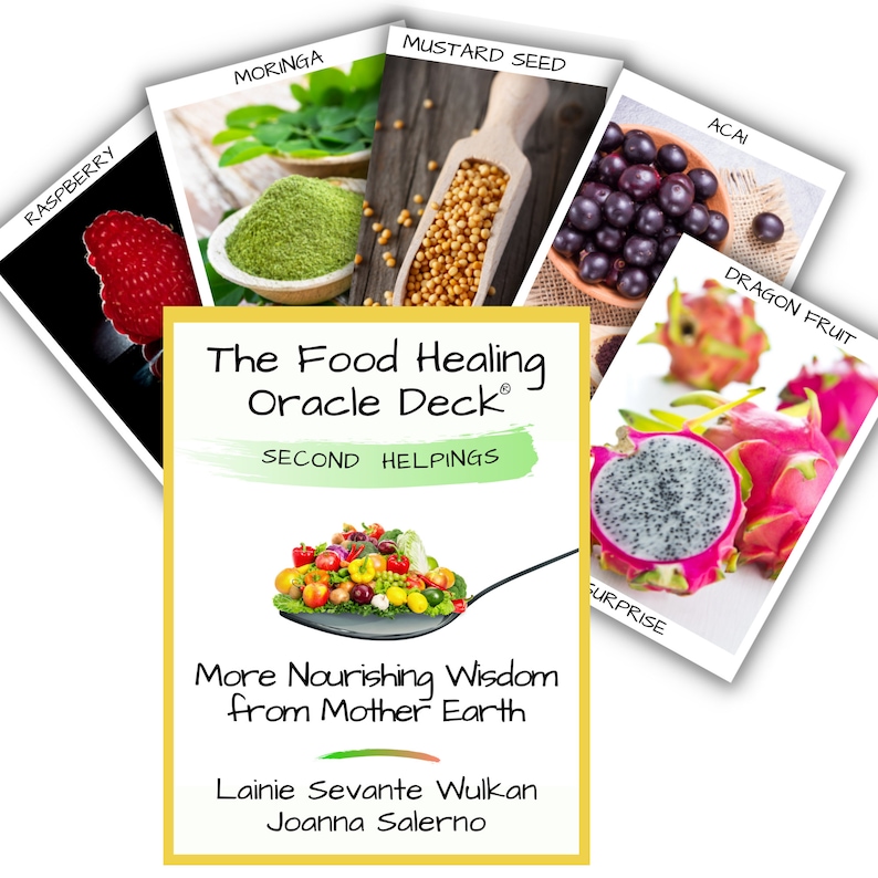 May include: A deck of oracle cards titled "The Food Healing Oracle Deck" with the subtitle "Second Helpings." The cards feature images of raspberry, moringa, mustard seed, acai, and dragon fruit. The deck's cover has text: "More Nourishing Wisdom from Mother Earth."
