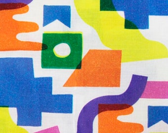 Tela con estampado abstracto moderno multicolor, 100 % algodón, base blanca para costura, acolchado y banderines, 165 cm de ancho. Se vende por medio metro.