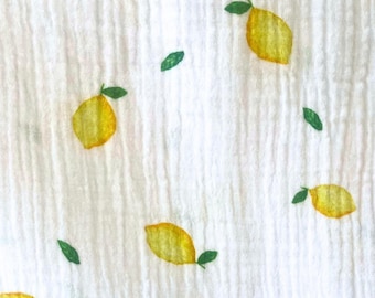 Tela de algodón de doble gasa con estampado de limones frutales – Blanco / Estampado de limones en acuarela / 100 % algodón muselina Oeko-Tex / 130 cm de ancho