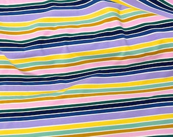 Jersey sencillo de algodón/elastano a rayas multicolor. Tela para confección - 165 cm. Ideal para camisetas, leggings y vestidos. Certificado Oeko-Tex.