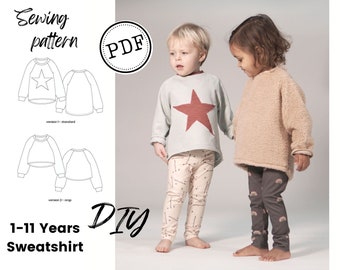 Patrón de costura de sudadera en PDF para niños. Patrón para imprimir en casa, coser una sudadera para tus hijos, patrón de suéter unisex para niños y niñas.