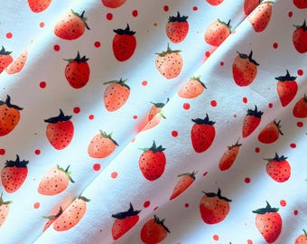 Strawberries Digital Print Stretch Jersey Fabric — Cream | Cotton Elastane Knit | Sold by the Half Metre, cute fabric great for children