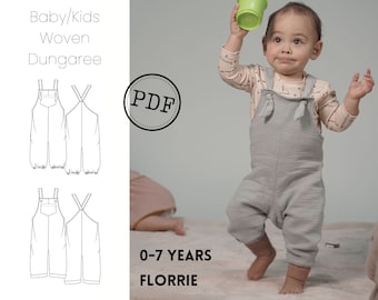 PDF Niños y niñas, patrón de costura unisex Dungaree/Romper. Todo en uno para bebés/niños pequeños. Digital, Imprimir en casa. Tejido, no elástico