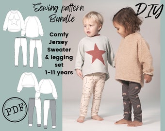 Paquete de patrones de costura para niños. PDF, imprimir en casa. Coser un conjunto de sudadera y legging, el conjunto completo, niña/Niño/Unisex. PDF digitales.